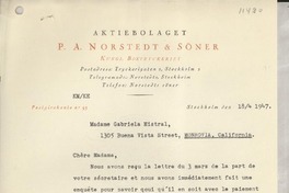 [Carta] 1947 avril 18, Stockholm, [Suecia] [a] Madame Gabriela Mistral, Monrovia, California