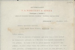 [Carta] 1947 déc. 5, Stockholm, [Suecia] [a] Madame Gabriela Mistral, Monrovia, Cal.