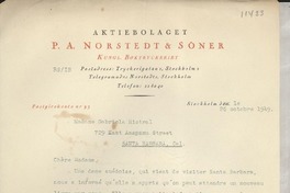 [Carta] 1949 oct. 26, Stockholm, [Suecia] [a] Madame Gabriela Mistral, Santa Barbara, Cal.