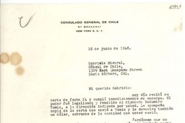[Carta] 1948 jun. 28, New York [a] Gabriela Mistral, Santa Bárbara, California
