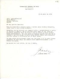 [Carta] 1950 abr. 13, New York [a] Gabriela Mistral, Jalapa, Veracruz, México