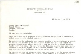 [Carta] 1950 abr. 13, New York [a] Gabriela Mistral, Jalapa, Veracruz, México