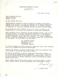 [Carta] 1951 ene. 3, New York [a] Gabriela Mistral, Génova, Italia