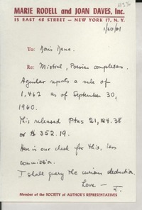 [Carta] 1961 Jan. 20, New York, [EE.UU.] [a] Doris Dana