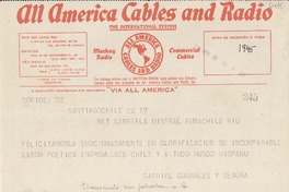 [Telegrama] 1945 nov. 18, Santiago, Chile [a] Gabriela Mistral, Rio de Janeiro, [Brasil]