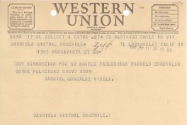 [Telegrama] 1947 ene. 11, Santiago, Chile [a] Gabriela Mistral, Los Angeles, Calif., [EE.UU.]