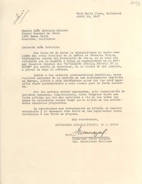 [Carta] 1947 abr. 16, Hollywood, [California], [EE.UU.] [a] Gabriela Mistral, Monrovia, California, [EE.UU.]