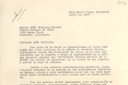 [Carta] 1947 abr. 16, Hollywood, [California], [EE.UU.] [a] Gabriela Mistral, Monrovia, California, [EE.UU.]