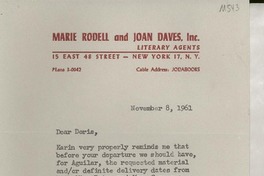 [Carta] 1961 Nov. 8, New York, [EE.UU.] [a] Miss Doris Dana, Pound, Ridge, N.Y., [EE.UU.]