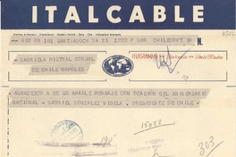 [Telegrama] 1952 sept. 23, Santiago, Chile [a] Gabriela Mistral, Nápoles, [Italia]