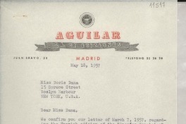 [Carta] 1957 May 18, Madrid, [España] [a] Miss Doris Dana, 15 Spruce Street, Roslyn Harbour, New York, U. S. A.