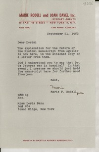 [Carta] 1962 Sept. 21, [New York, Estados Unidos] [a] Miss Doris Dana, Box 284, Pound Ridge, New York