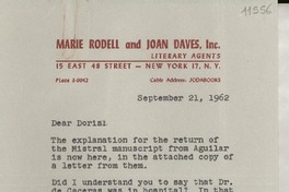 [Carta] 1962 Sept. 21, [New York, Estados Unidos] [a] Miss Doris Dana, Box 284, Pound Ridge, New York