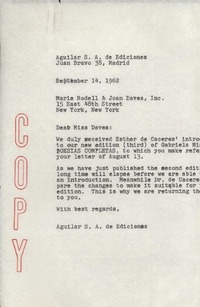 [Carta] 1962 Sept. 14, Madrid, [España] [a] Marie Rodell & Joan Daves, Inc., 15 East 48th Street, New York, New York, Dear Miss Daves