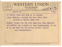 [Telegrama] 1956 Oct. 24, New York, [EE.UU.] [a] Gabriela Mistral and Miss Doris Dana, Spruce St, Roslyn Harbor, NY, [EE.UU.]
