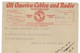 [Telegrama] 1945 nov. 16, Buenos Aires, [Argentina] [a] Gabriela Mistral, Rio de Janeiro, [Brasil]