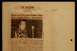 Gabriela Mistral habló hoy sobre el folklore araucano