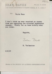 [Carta] 1969 June 6, [New York], [EE.UU.] [a] Doris Dana, [EE.UU.]