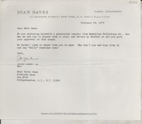 [Carta] 1975 Feb. 24, New York, [EE.UU.] [a] Miss Doris Dana, Bridgehampton, L.I., N.Y., [EE.UU.]