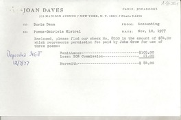 [Recibo] 1977 Nov. 10, New York, [EE.UU.] [a] Doris Dana, [EE.UU.]