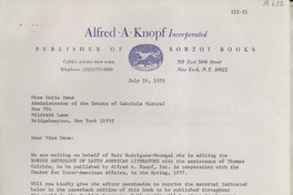 [Carta] 1976 July 26, New York, [EE.UU.] [a] Miss Doris Dana, Hildreth Lane, Bridgehampton, New York, [EE.UU.]