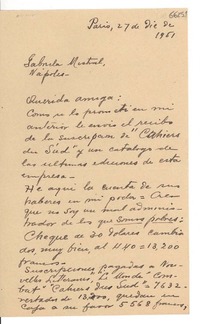 [Carta] 1951 dic. 27, París [a] Gabriela Mistral, Nápoles