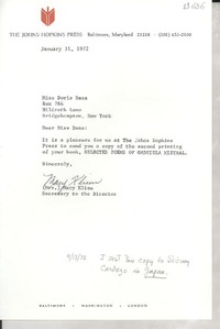 [Carta] 1972 Jan. 31, [Baltimore, Maryland, Estados Unidos] [a] Miss Doris Dana, Hildreth Lane, Bridgehampton, New York