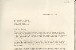 [Carta] 1971 Sept. 12, Hildreth Lane, Bridgehampton, New York, [Estados Unidos] [a] Mr. Harold E. ingle, The Johns Hopkins Press, 5820 York Road, Baltimore, Maryland
