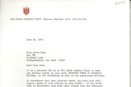 [Carta] 1971 June 24, [Baltimore, Maryland, Estados Unidos] [a] Miss Doris Dana, Hildreth Lane, Bridgehampton, New York
