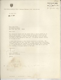 [Carta] 1971 July 16, Baltimore, Maryland, [EE.UU.] [a] Miss Joan Daves, New York, New York, [EE.UU.]