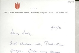 [Carta] 1971 Apr. 2, Baltimore, Maryland, [EE.UU.] [a] Dear Doris [Dana], [EE.UU.]