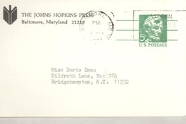 [Tarjeta] 1971 Mar. 3, [Baltimore, Maryland, Estados Unidos] [a] Miss Doris Dana, Hildreth Lane, Box 784, Bridgehampton, N. Y.