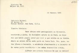 [Carta] 1955 feb. 19, México D. F. [a] Gabriela Mistral, Roslyn Harbor, New York