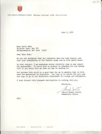 [Carta] 1970 June 1, Baltimore Maryland, [EE.UU.] [a] Miss Doris Dana, Bridgehampton, New York, [EE.UU.]