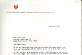 [Carta] 1970 June 1, Baltimore Maryland, [EE.UU.] [a] Miss Doris Dana, Bridgehampton, New York, [EE.UU.]