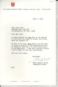 [Carta] 1970 Apr. 1, Baltimore Maryland, [EE.UU.] [a] Miss Doris Dana, Bridgehampton, New York, [EE.UU.]