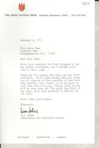 [Carta] 1970 Dec. 4, [Baltimore, Maryland, Estados Unidos] [a] Miss Doris Dana, Hildreth Lane, Bridgehampton, N. Y.