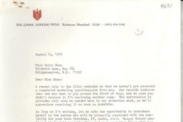[Carta] 1970 Aug. 14, [Baltimore, Maryland, Estados Unidos] [a] Miss Doris Dana, Hildreth Lane, Box 784, Bridgehampton, N. Y.