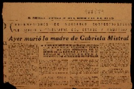Ayer murió la madre de Gabriela Mistral