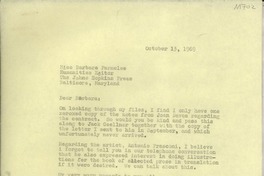 [Carta] 1969 Oct. 13, Bridgehampton, New York, [EE.UU.] [a] Barbara Parmelee, Humanities Editor, The Johns Hopkins Press, Baltimore, Maryland, [EE.UU.]