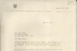 [Carta] 1970 May 14, [Baltimore, Maryland, Estados Unidos] [a] Miss Joan Daves, 515 Madison Avenue, New York, New York