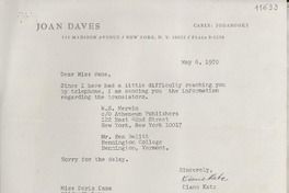 [Carta] 1970 May 6, [New York, Estados Unidos] [a] Miss Doris Dana, Hildreth Lane, Bridgehampton, N. Y.