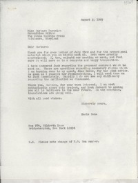 [Carta] 1969 Aug. 5, Bridgehampton, New York, [Estados Unidos] [a] Miss Barbara Parmelee, Humanities Editor The Johns Hopkins Press, Baltimore, Maryland