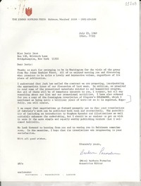 [Carta] 1969 July 23, [Baltimore, Maryland, Estados Unidos] [a] Miss Doris Dana, Box 188, Hildreth Lane, Bridgehampton, New York