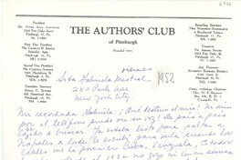 [Carta] [1952], New York, [Estados Unidos] [a] Gabriela [Mistral]