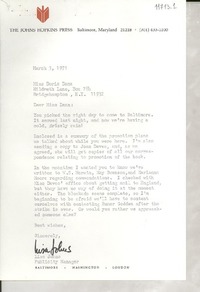 [Carta] 1971 Mar. 3, [Baltimore, Maryland, Estados Unidos] [a] Miss Doris Dana, Hildreth Lane, Box 784, Bridgehampton, N. Y.