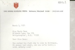 [Carta] 1971 Mar. 3, [Baltimore, Maryland, Estados Unidos] [a] Miss Doris Dana, Hildreth Lane, Box 784, Bridgehampton, N. Y.