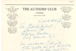 [Carta] 1953 oct. 22, Pittsburgh, Pennsylvania [a] Gabriela Mistral, Long Island, [New York]