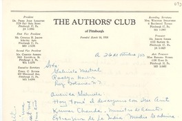 [Carta] 1953 oct. 26, Pittsburgh, Pennsylvania, [EE.UU.] [a] Gabriela Mistral, Long Island, New York, [EE.UU.]