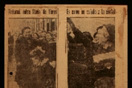 Gabriela Mistral, gloria de las letras chilenas, fue recibida ayer calurosamente en la Estación Central entre flores y aplausos, dejó ver su incontenible emoción : el primer homenaje lo recibió de las alumnas del Liceo N.o 6 del cual fuera ella fundadora.